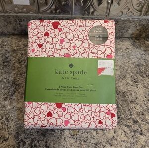New Kate Spade New York TWIN Sheet Set 100% Cotton Red/Pink Hearts on White
